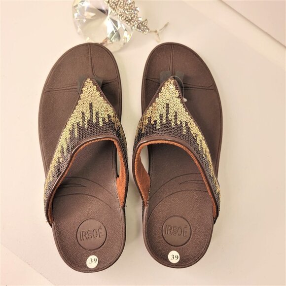 BROWN Sparkly Size 8 Summer Wedge Sandals Rhinestone Embellish Comfy Flip Flops - Picture 3 of 12